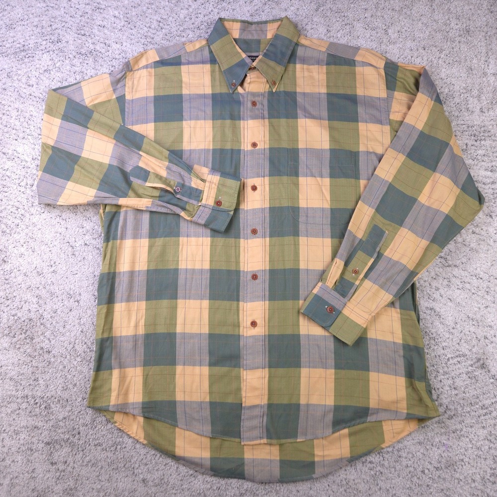Vintage Gitman Bros Shirt Men Large Flannel Plaid Yellow Green Long Sleeve